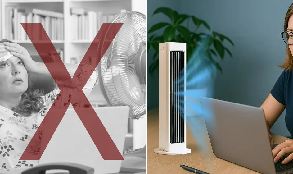 À gauche, une femme qui a chaud devant un ventilateur ; à droite, la même personne au frais avec le BreezaMax